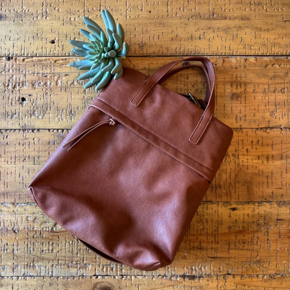 Elegant Brown Leather Tote Backpack Purse